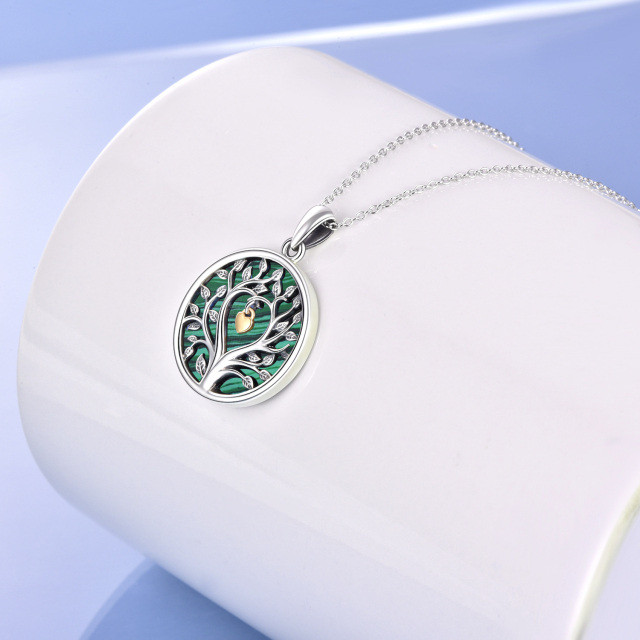 Sterling Silver Two-tone Circular Shaped Malachite Tree Of Life Coin Pendant Necklace-3