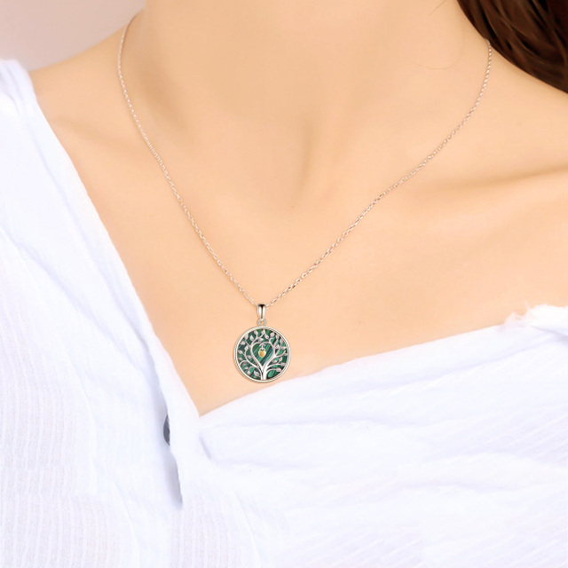 Sterling Silver Two-tone Circular Shaped Malachite Tree Of Life Coin Pendant Necklace-1