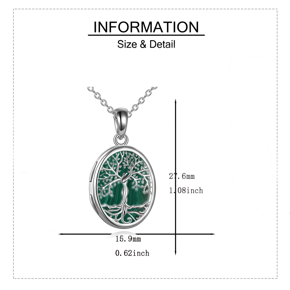 Sterling Silver Malachite Tree Of Life Oval Shaped Personalized Photo Locket Necklace-4