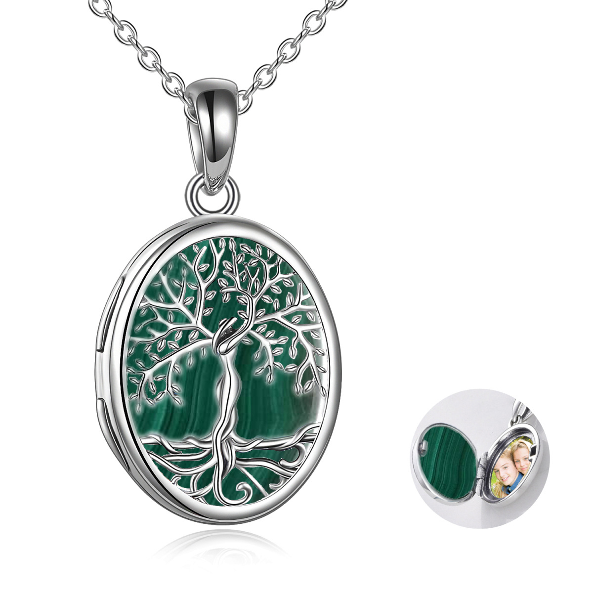 Collier en argent sterling Malachite Tree Of Life Oval Shaped Personalized Photo Locket Necklace-1