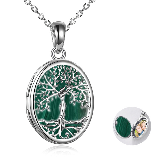 Sterling Silver Malachite Tree Of Life Oval Shaped Personalized Photo Locket Necklace-1