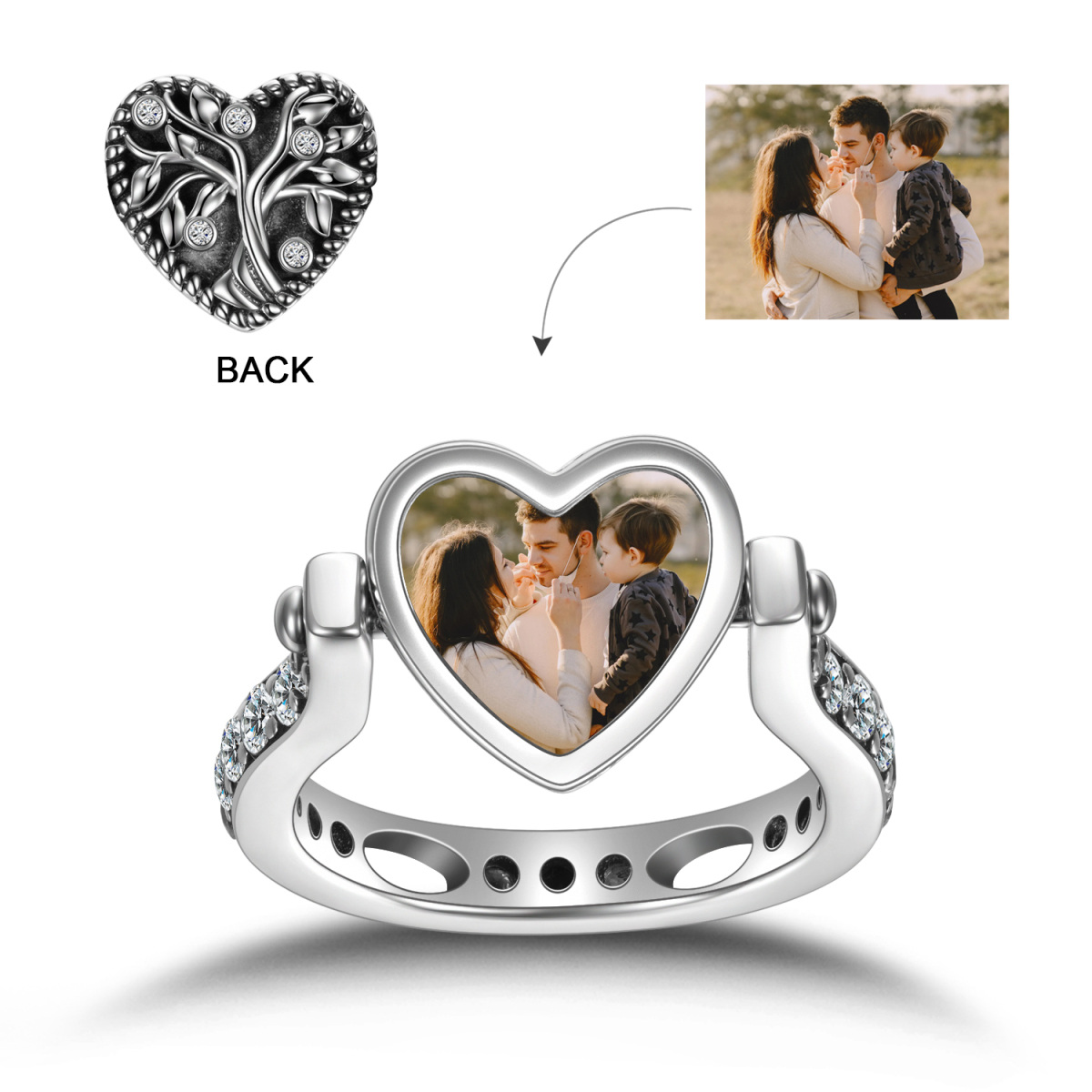 Sterling Silver Cubic Zirconia Heart & Tree Of Life Personalized Photo Spinner Ring-1