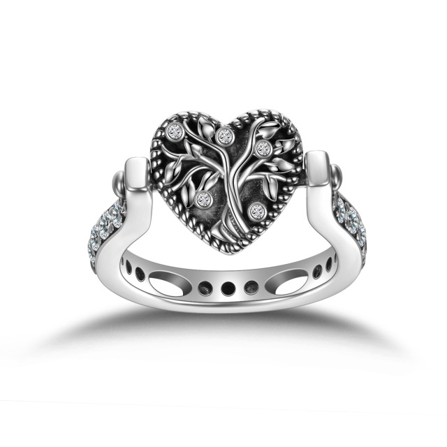Sterling Silver Cubic Zirconia Heart & Tree Of Life Personalized Photo Spinner Ring-5
