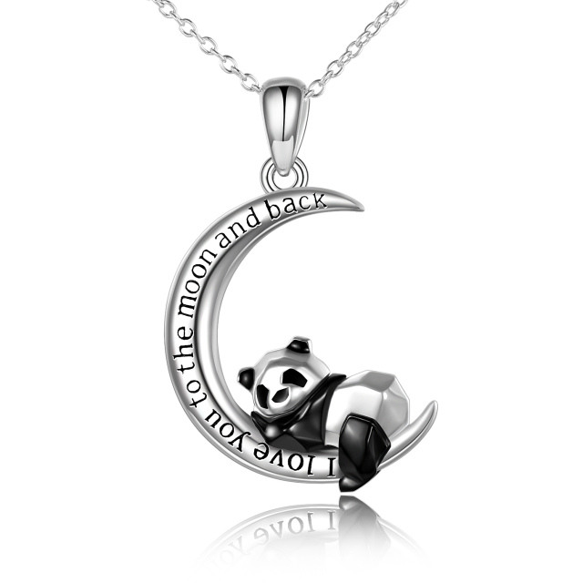 Sterling Silver Panda & Moon Pendant Necklace with Engraved Word-1