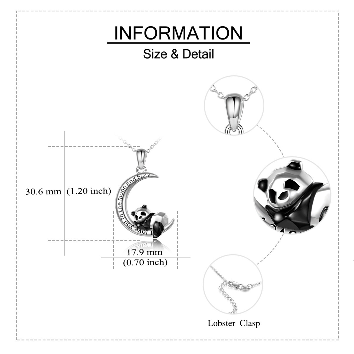 Collar Colgante Panda y Luna en Plata de Ley con Palabra Grabada-6