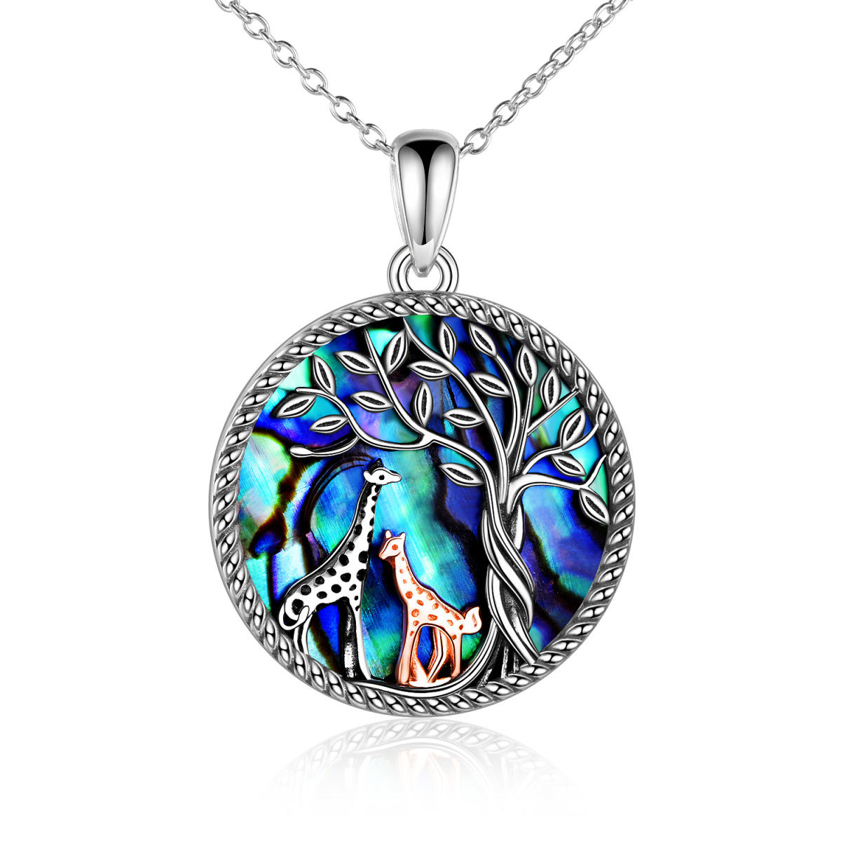 Sterling Silver Two-tone Circular Shaped Abalone Shellfish Giraffe & Tree Of Life Pendant Necklace-1