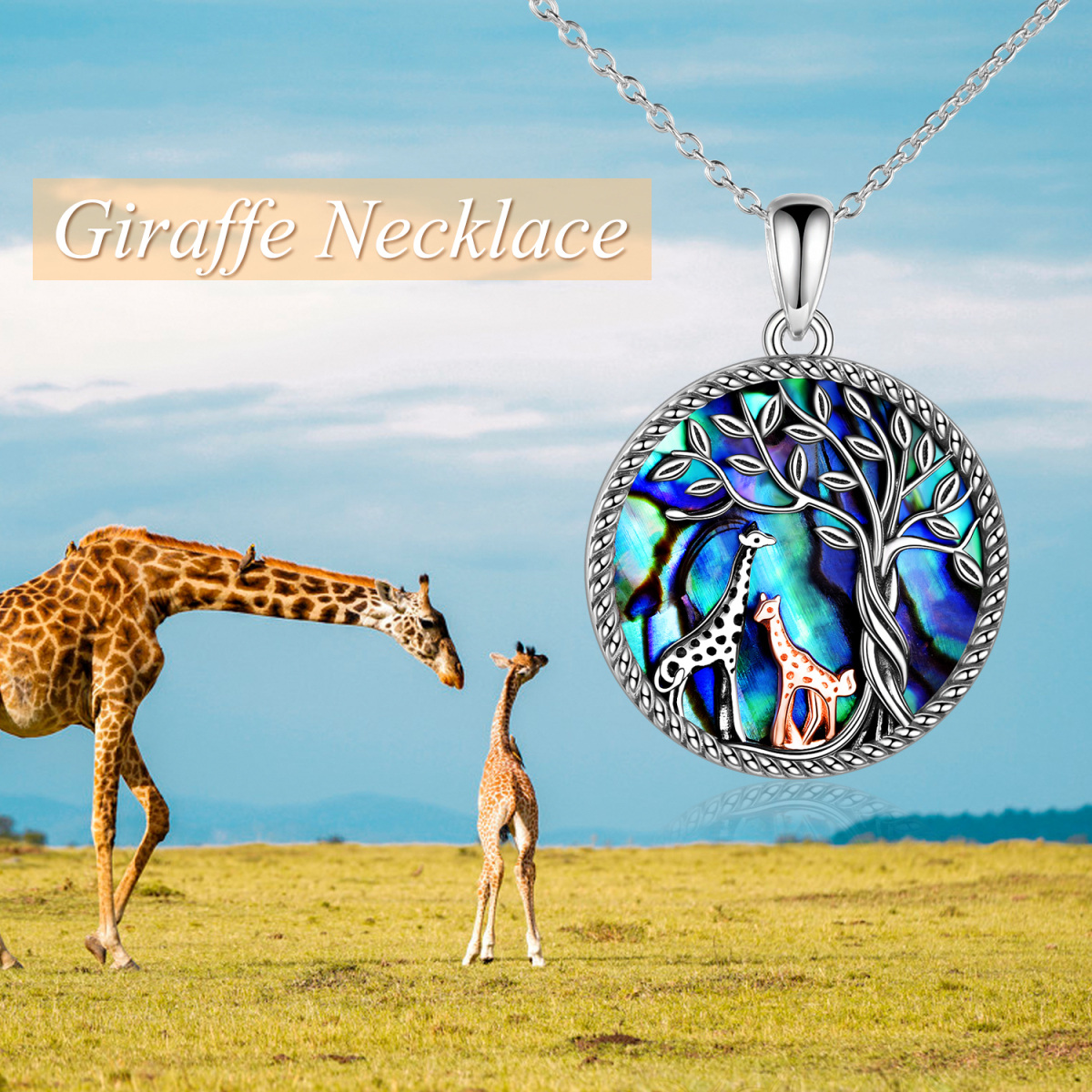 Sterling Silver Two-tone Circular Shaped Abalone Shellfish Giraffe & Tree Of Life Pendant Necklace-6