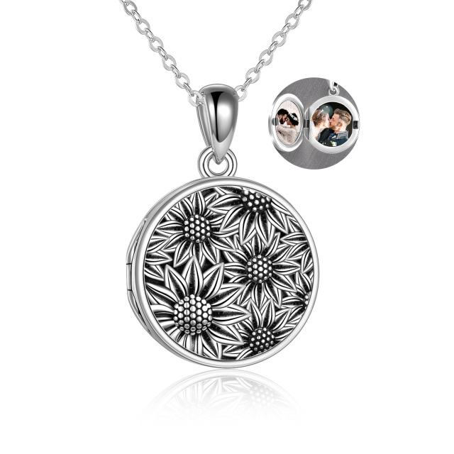 Sterling Silver Sunflower & Personalized Photo Personalized Photo Locket Necklace with Engraved Word-4