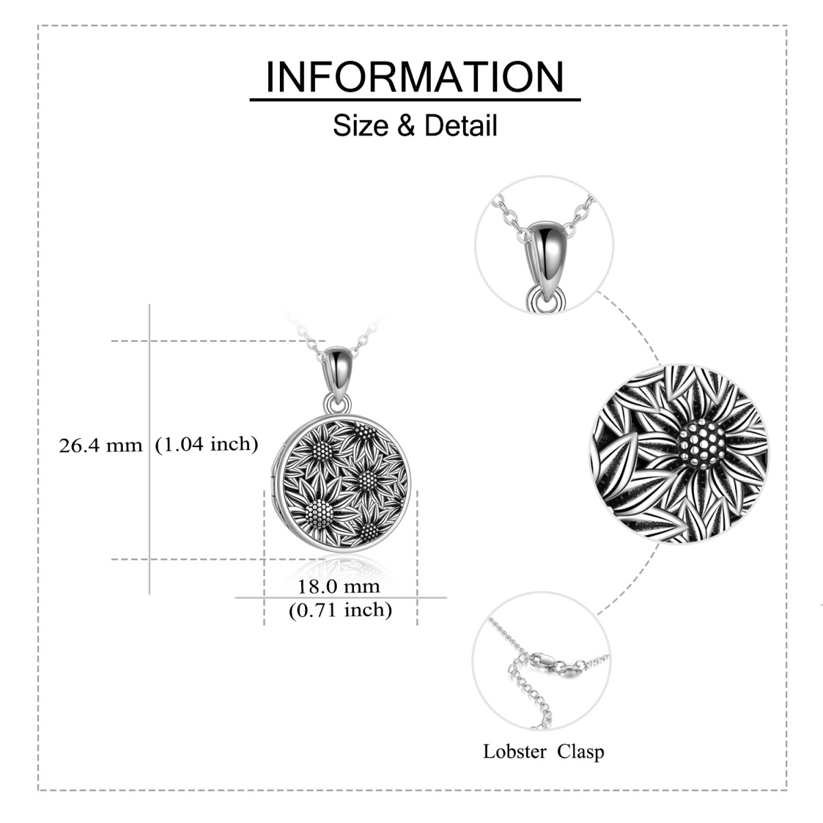 Sterling Silver Sunflower & Personalized Photo Personalized Photo Locket Necklace with Engraved Word-5