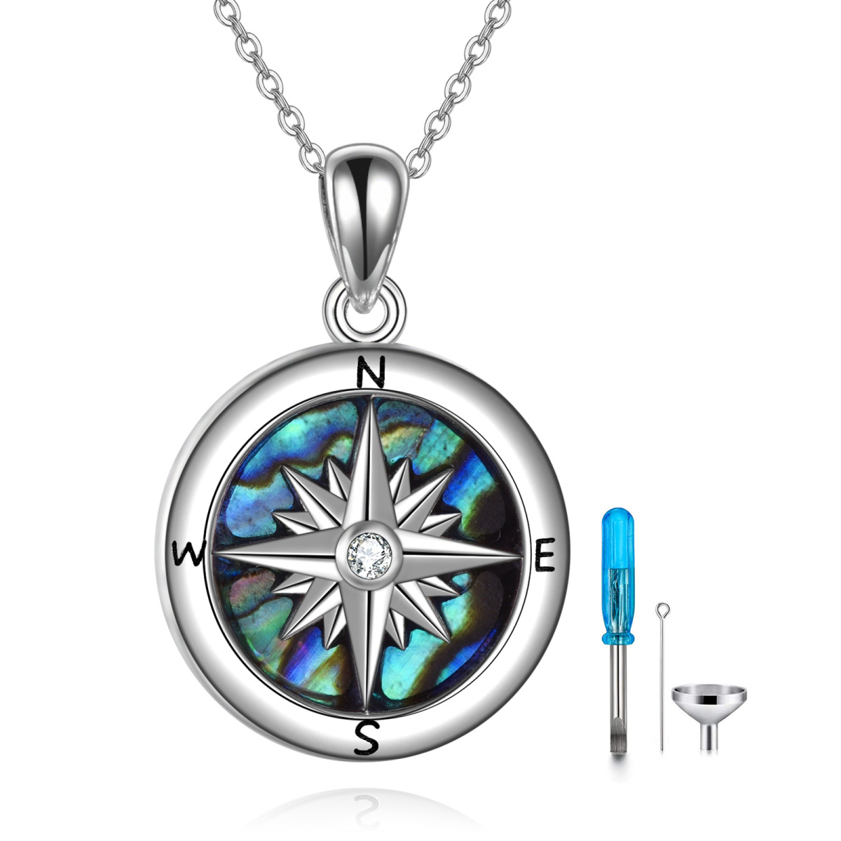 Sterling Silver Abalone Shellfish & Cubic Zirconia Compass Urn Necklace for Ashes-1