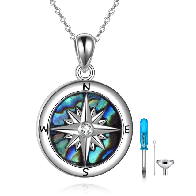 Sterling Silver Abalone Shellfish & Cubic Zirconia Compass Urn Necklace for Ashes-0