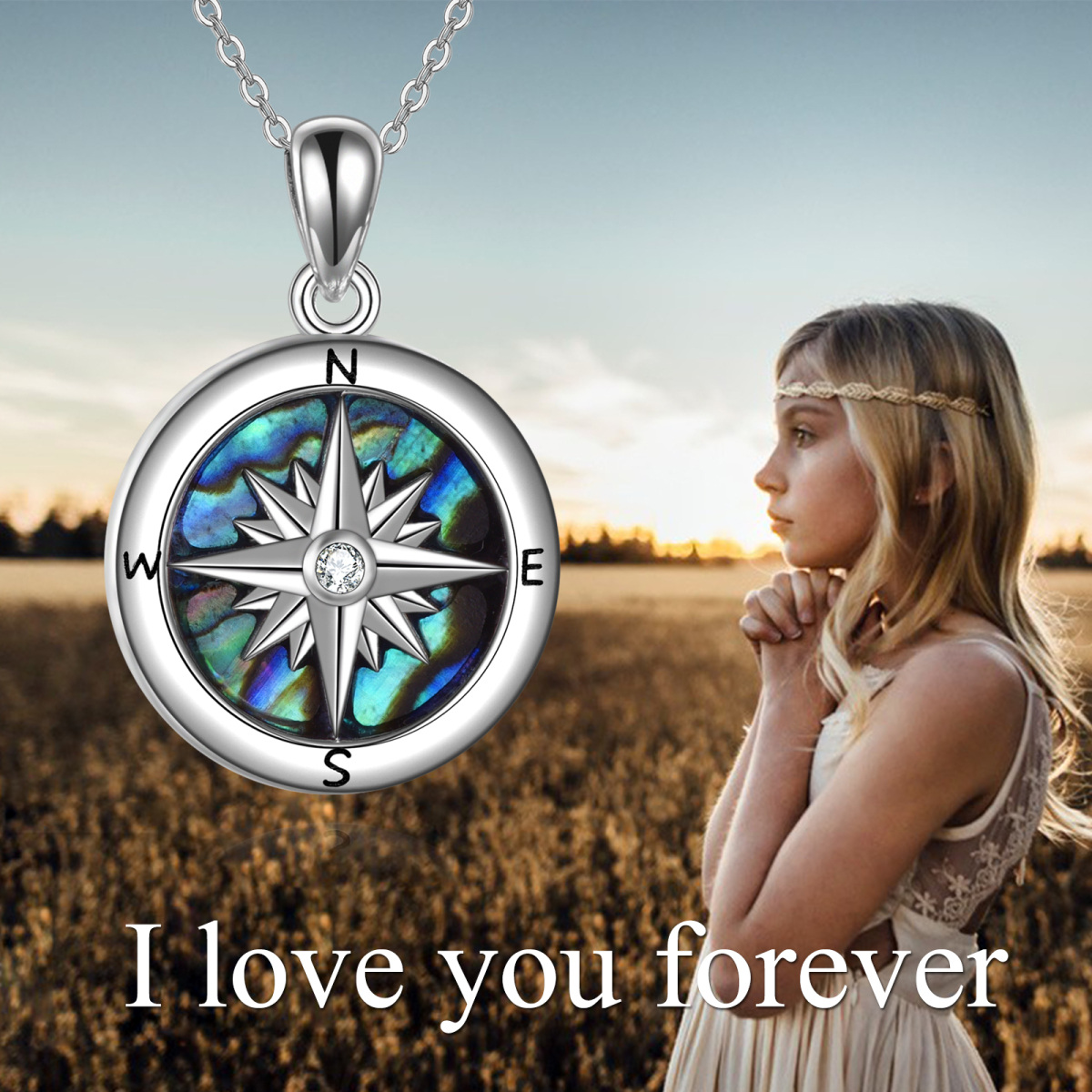 Sterling Silver Abalone Shellfish & Cubic Zirconia Compass Urn Necklace for Ashes-6