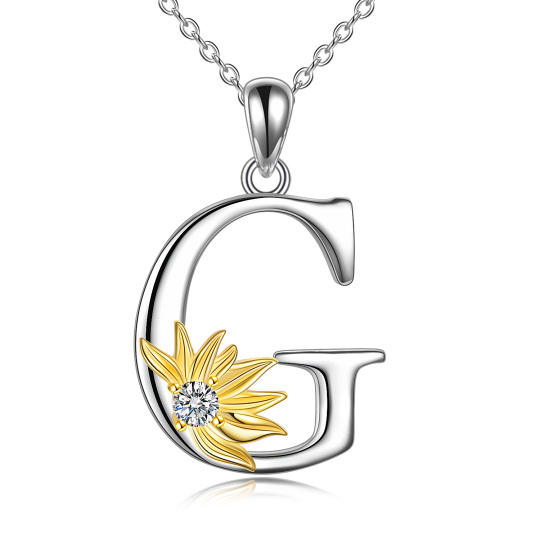 Sterling Silver Two-tone Circular Shaped Cubic Zirconia & Personalized Initial Letter Sunflower Pendant Necklace with Initial Letter G