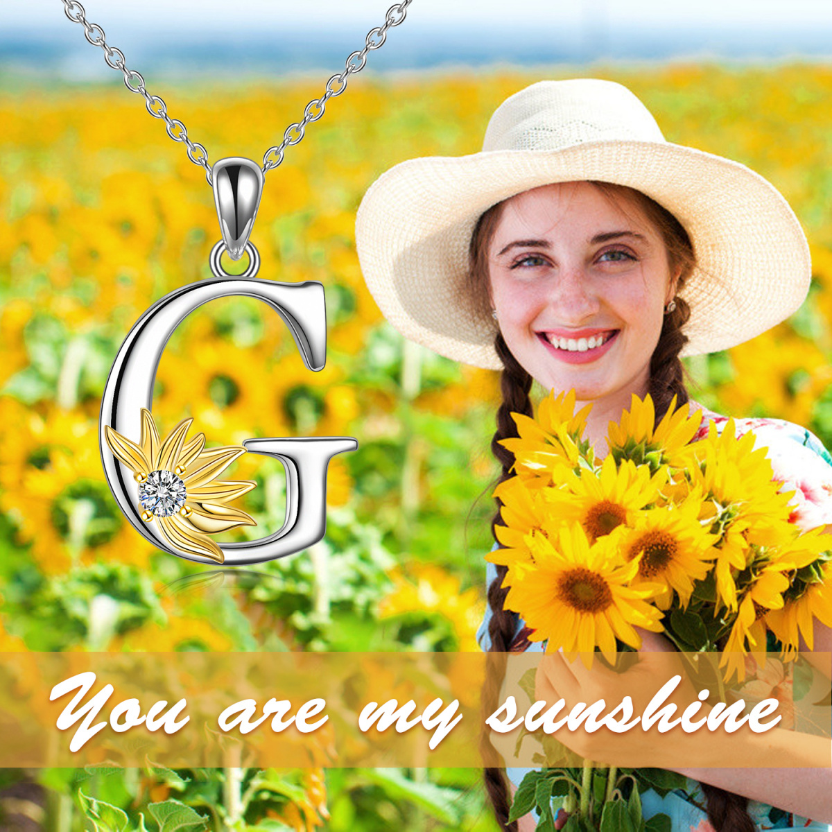 Sterling Silver Two-tone Circular Shaped Cubic Zirconia & Personalized Initial Letter Sunflower Pendant Necklace with Initial Letter G-6