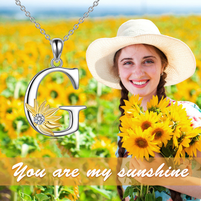 Sterling Silver Two-tone Circular Shaped Cubic Zirconia & Personalized Initial Letter Sunflower Pendant Necklace with Initial Letter G-5