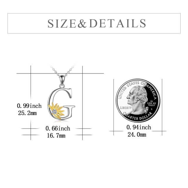 Sterling Silver Two-tone Circular Shaped Cubic Zirconia & Personalized Initial Letter Sunflower Pendant Necklace with Initial Letter G-4