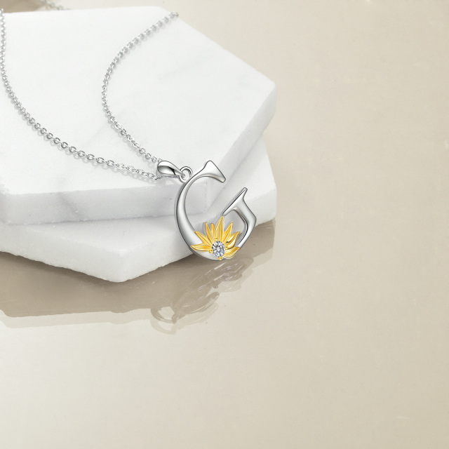 Sterling Silver Two-tone Circular Shaped Cubic Zirconia & Personalized Initial Letter Sunflower Pendant Necklace with Initial Letter G-2
