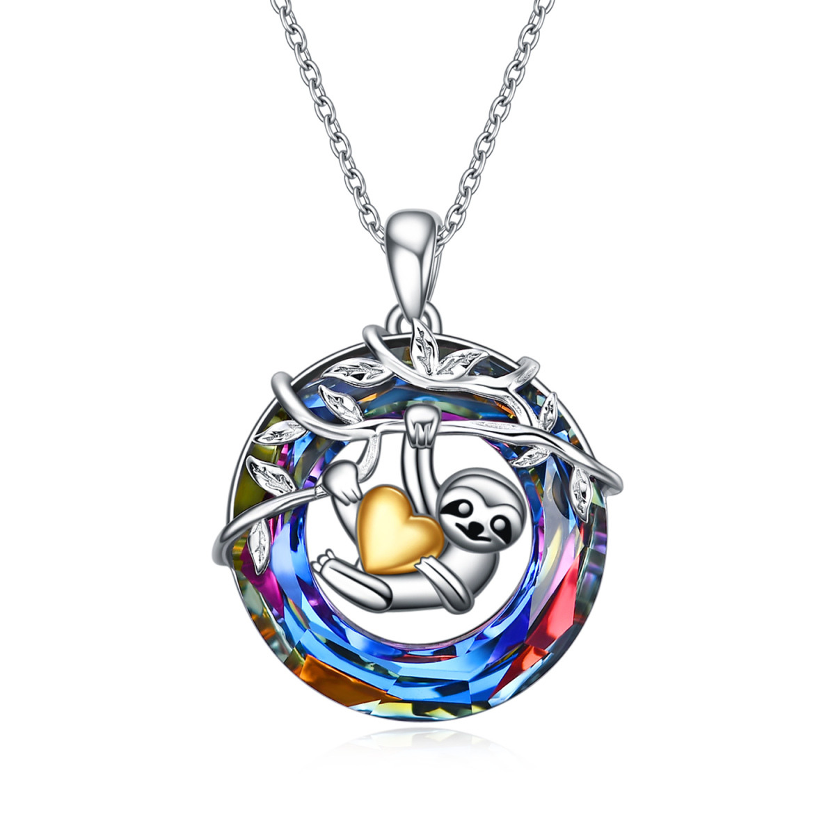 Sterling Silver Two-tone Circular Shaped Sloth & Gold Heart Crystal Pendant Necklace-1