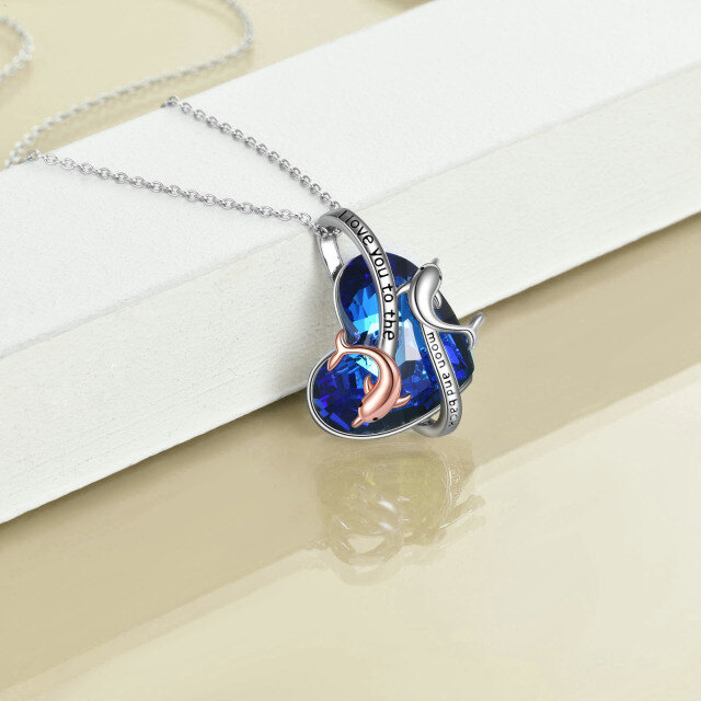 Sterling Silber zweifarbig Delphin & Herz Kristall Anhänger Halskette mit eingraviertem Wo-4