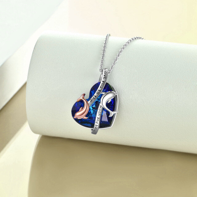 Sterling Silber zweifarbig Delphin & Herz Kristall Anhänger Halskette mit eingraviertem Wo-3
