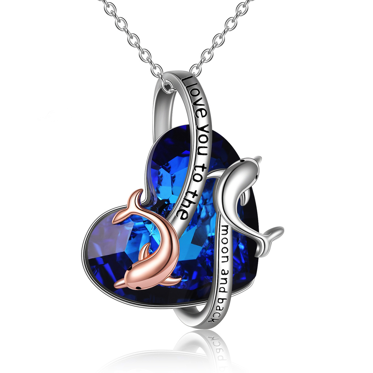 Sterling Silber zweifarbig Delphin & Herz Kristall Anhänger Halskette mit eingraviertem Wo-1
