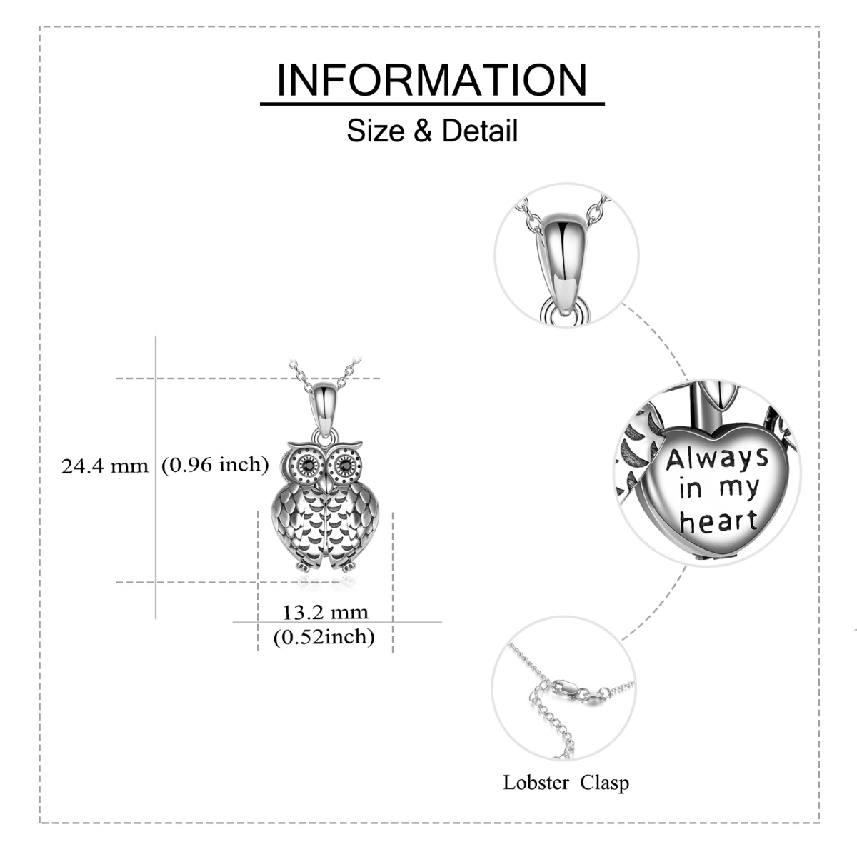 Sterling Silber Cubic Zirkonia Eule Urne Halskette für Asche mit eingraviertem Wort-5