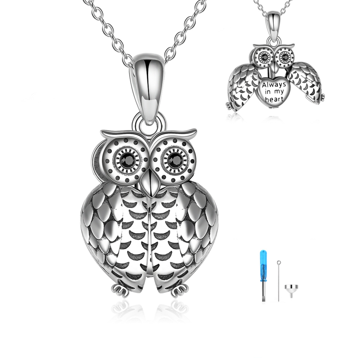Sterling Silver Cubic Zirconia Owl Urn Necklace for Ashes with Engraved Word-1