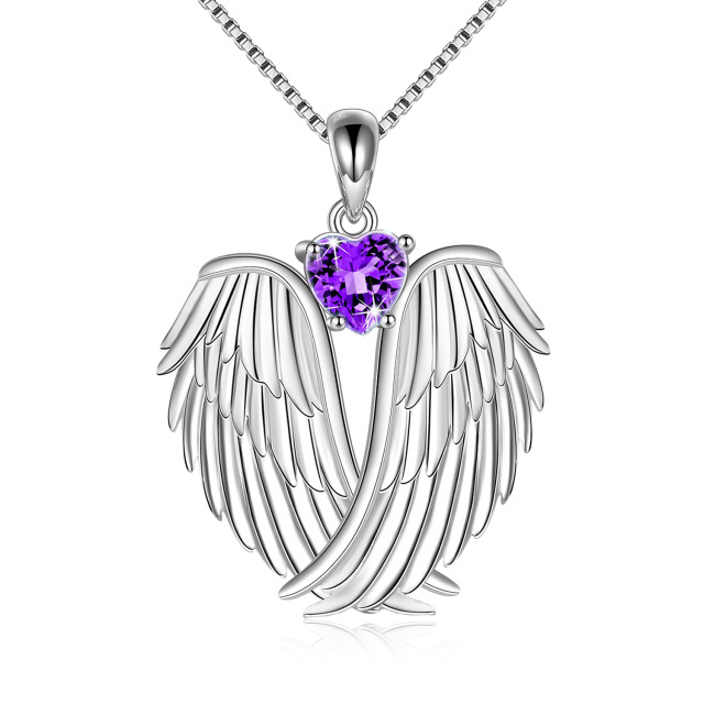 Sterling Silver Heart Shaped Cubic Zirconia Angel Wing & Heart Pendant Necklace-1