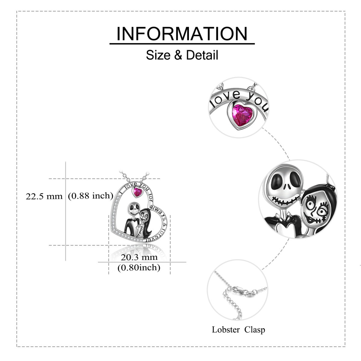 Sterling Silver Circular Shaped & Heart Shaped Cubic Zirconia Heart & Skeleton Pendant Necklace with Engraved Word-5