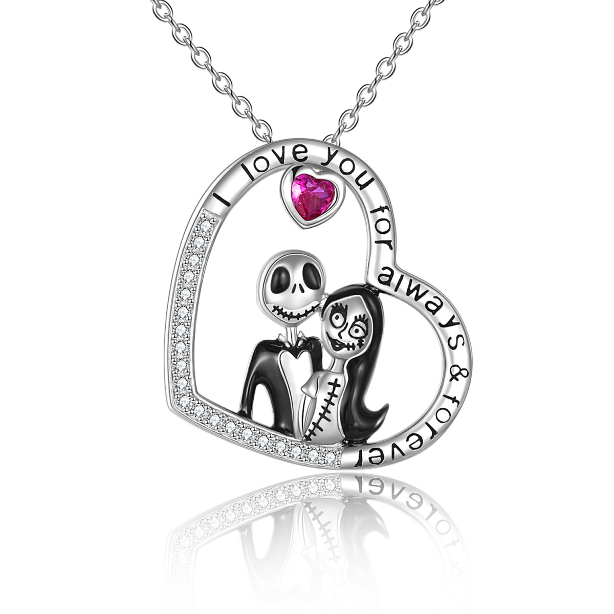 Sterling Silver Circular Shaped & Heart Shaped Cubic Zirconia Heart & Skeleton Pendant Necklace with Engraved Word-1