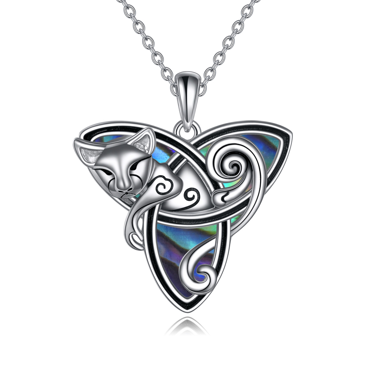 Sterling Silver Abalone Shellfish Cat & Celtic Knot Pendant Necklace-1