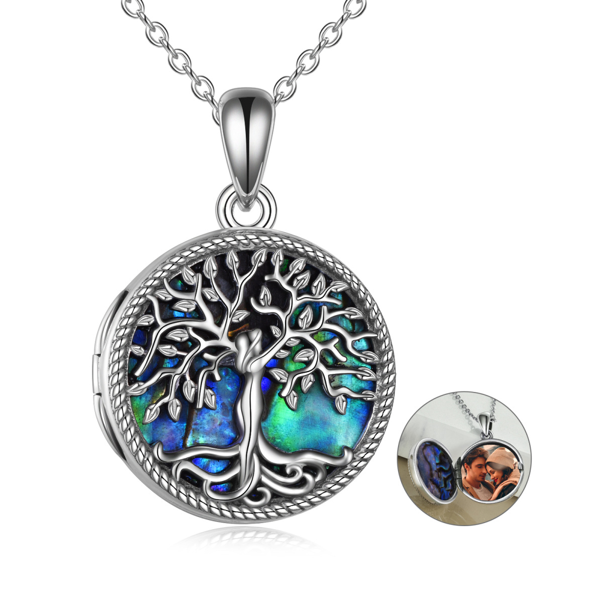 Sterling Silver Round Abalone Shellfish Tree Of Life Personalized Photo Locket Necklace with Engraved Word-1