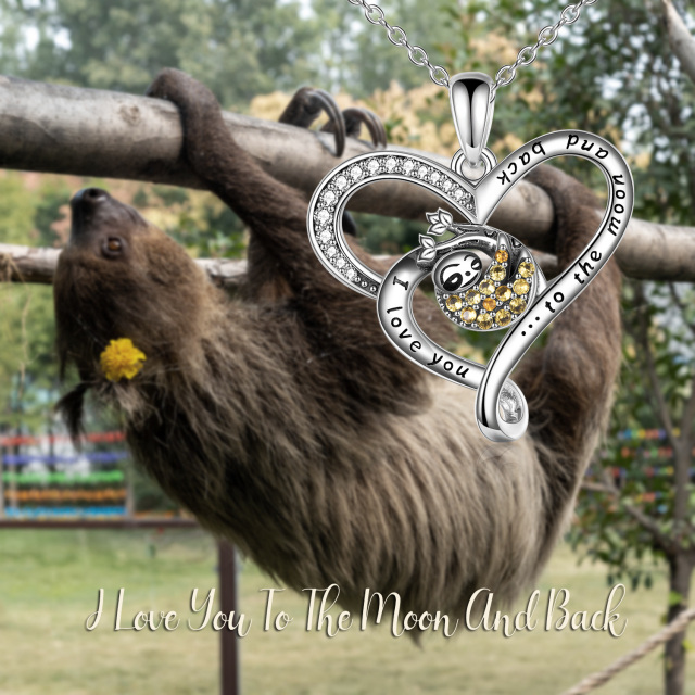 Sterling Silber kreisförmig Cubic Zirkonia Sloth & Herz Anhänger Halskette mit eingraviert-5