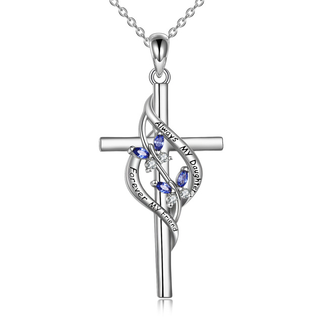 Sterling Silver Cubic Zirconia Butterfly & Cross Pendant Necklace with Engraved Word-0
