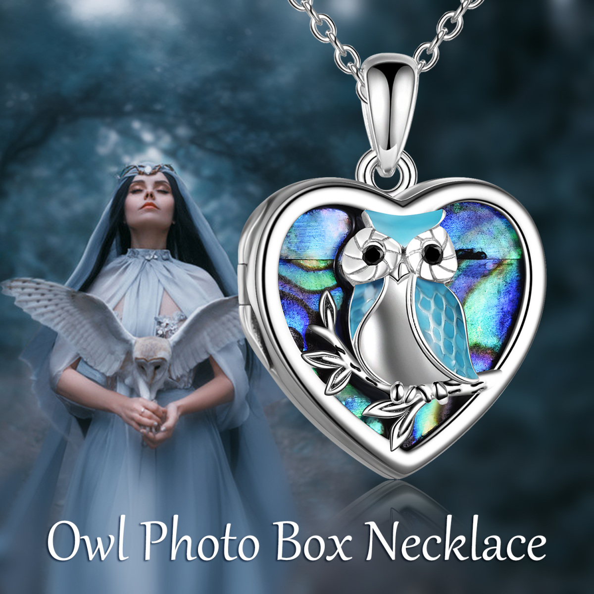 Plata de ley Abalone Shellfish Owl Heart Personalized Photo Locket Necklace-6