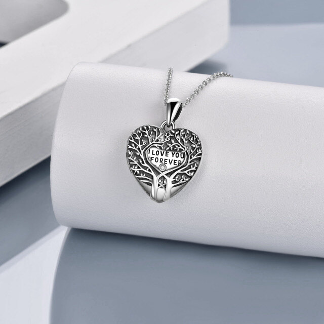 Sterling Silver Circular Shaped Cubic Zirconia Tree Of Life & Heart Personalized Photo Locket Necklace with Engraved Word-2