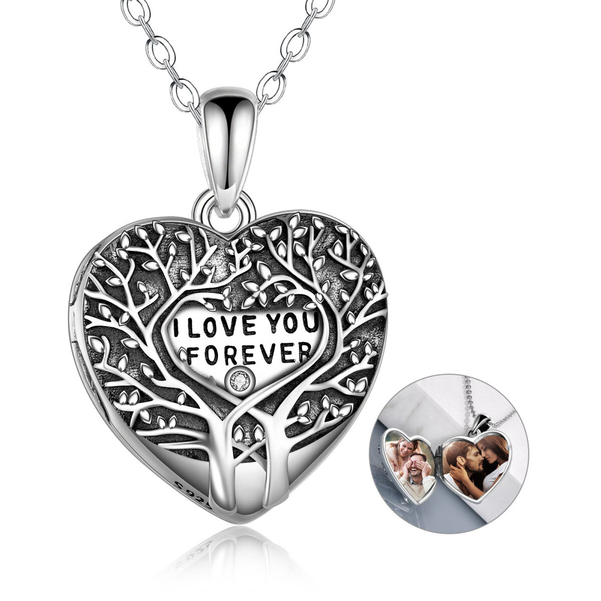 Sterling Silver Circular Shaped Cubic Zirconia Tree Of Life & Heart Personalized Photo Locket Necklace with Engraved Word-1