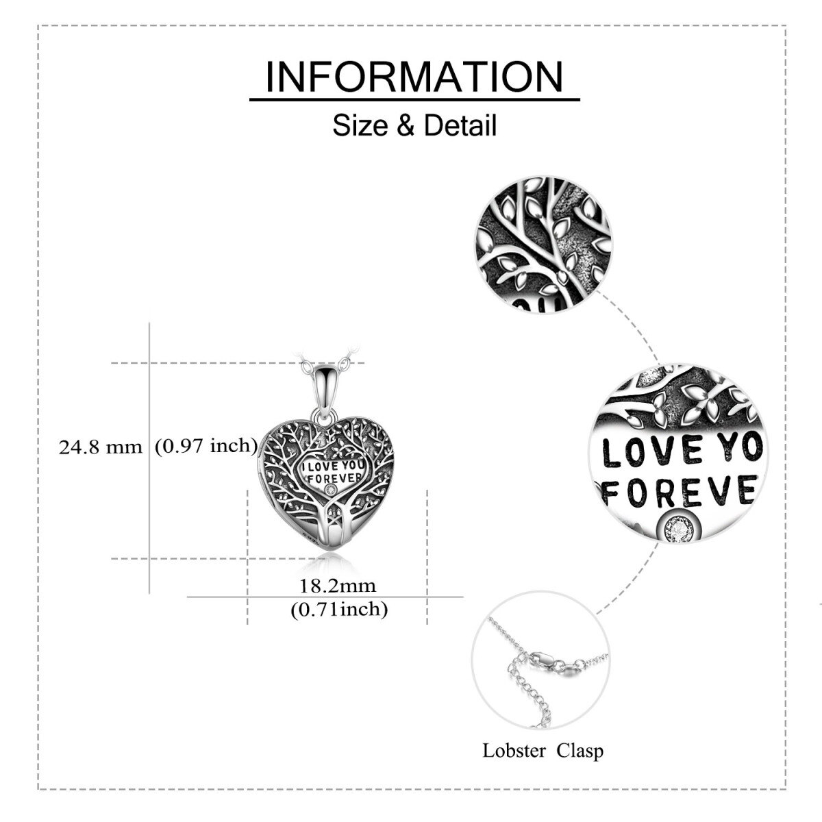 Sterling Silver Circular Shaped Cubic Zirconia Tree Of Life & Heart Personalized Photo Locket Necklace with Engraved Word-5