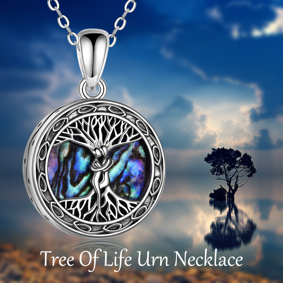 Plata de ley Abalone Shellfish Tree Of Life Urna collar con palabra grabada-6