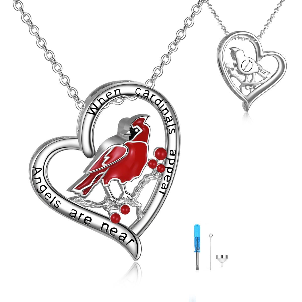 Sterling Silver Cardinal & Heart Urn Necklace for Ashes with Engraved Word-1