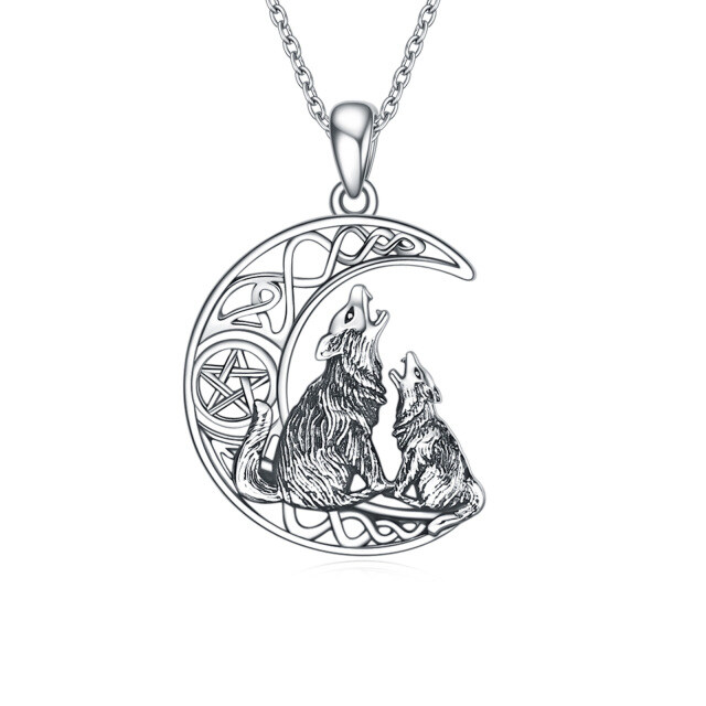 Sterling Silver Wolf & Celtic Knot Pentagram Moon Pendant Necklace-1