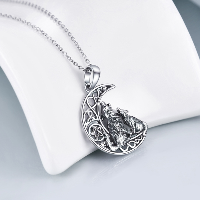 Sterling Silver Wolf & Celtic Knot Pentagram Moon Pendant Necklace-4