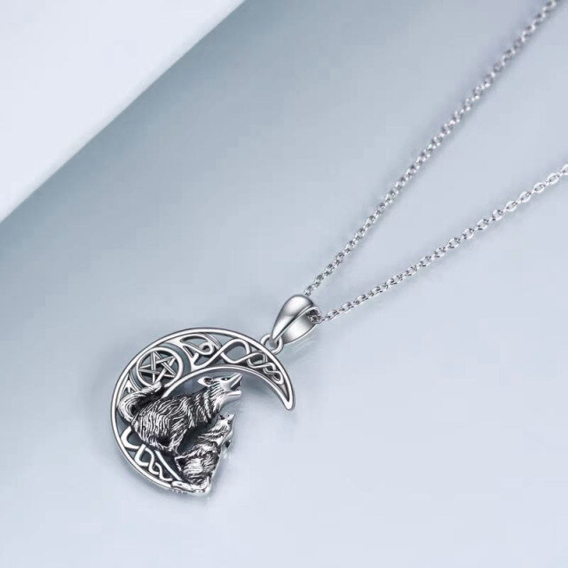 Sterling Silver Wolf & Celtic Knot Pentagram Moon Pendant Necklace-3