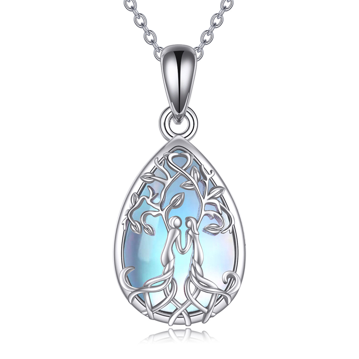 Sterling Silver Moonstone Tree Of Life & Sisters Pendant Necklace-1