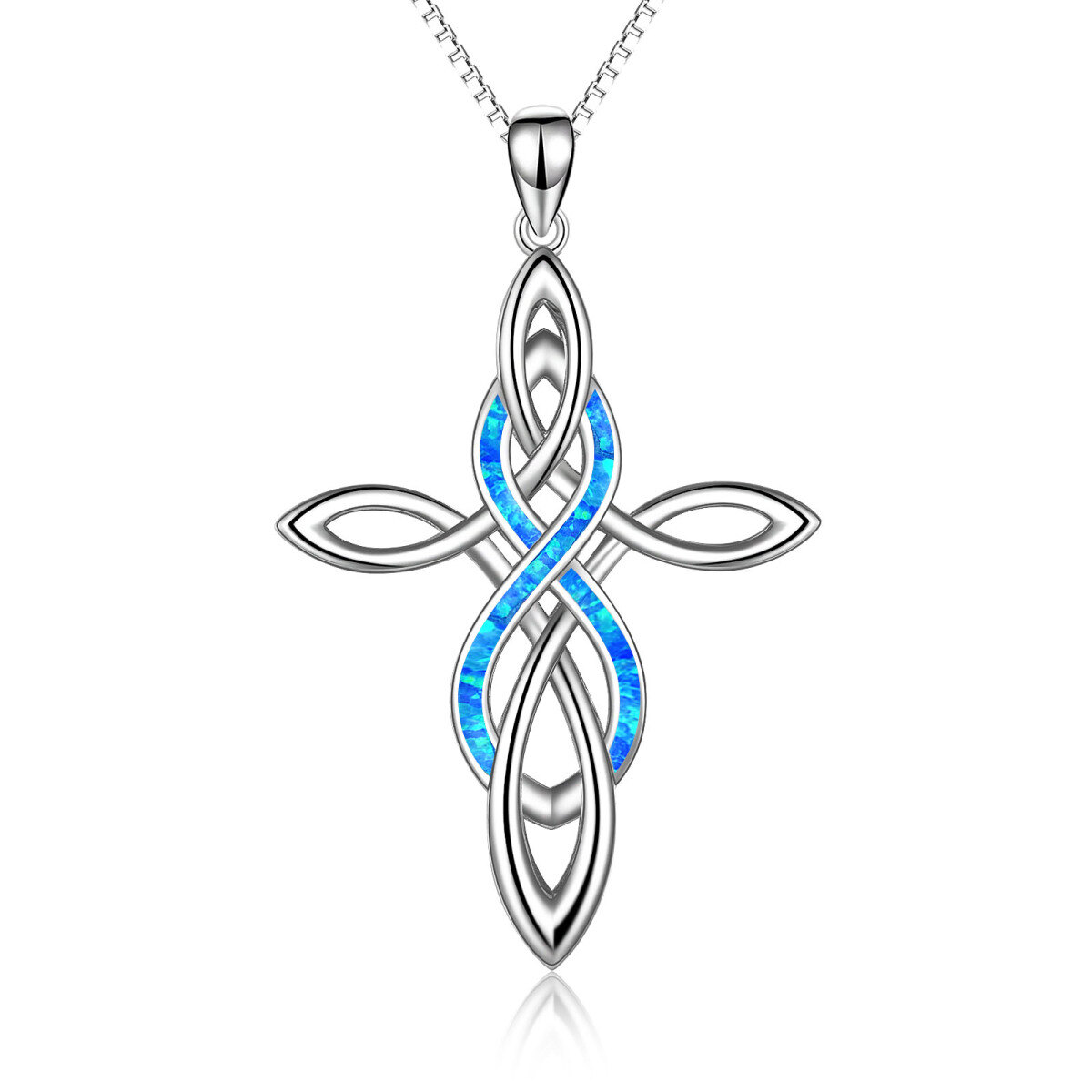 Sterling Silver Blue Opal Celtic Knot Cross Pendant Necklace-1