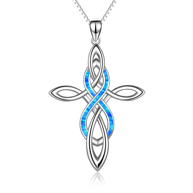 Colar de prata esterlina com pingente de cruz com nó celta de opala azul-0