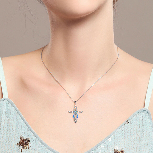 Sterling Silver Blue Opal Celtic Knot Cross Pendant Necklace-1