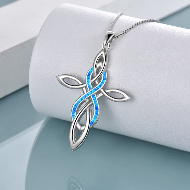 Sterling Silver Blue Opal Celtic Knot Cross Pendant Necklace-2