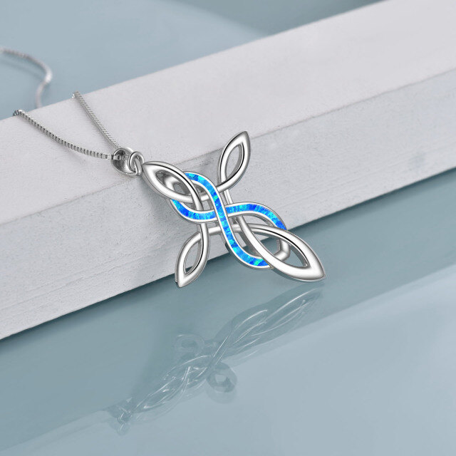 Sterling Silver Blue Opal Celtic Knot Cross Pendant Necklace-3