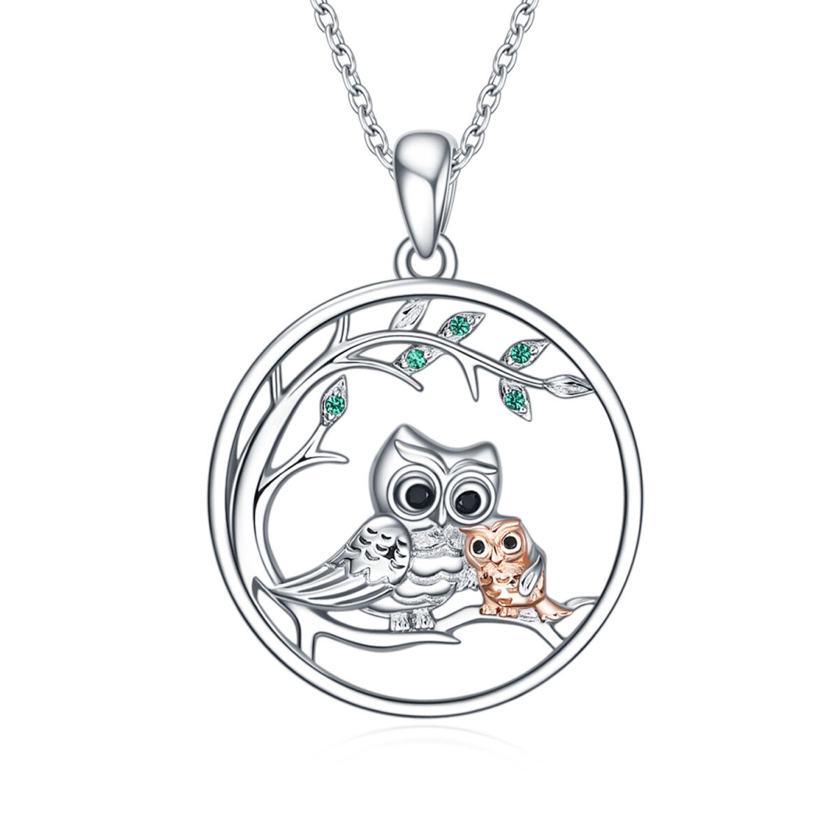 Sterling Silver Two-tone Circular Shaped Cubic Zirconia Owl Pendant Necklace For Mother & Daughter-1